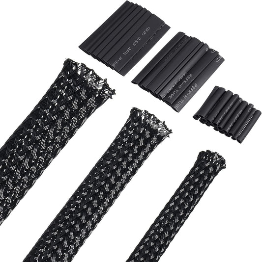 50 Ft PET Expandable Braided Cable Sleeve, Wire Loom Wire Braid Sleeving with Shrink Tube for Audio Video and Other Home Device Cable Automotive Wire(1 Inch, 3/8 Inch, 1/4 Inch,Black)