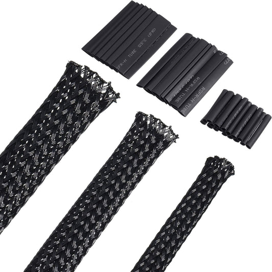 50 Ft PET Expandable Braided Cable Sleeve, Wire Loom Wire Braid Sleeving with Shrink Tube for Audio Video and Other Home Device Cable Automotive Wire(1/2 Inch, 1/4 Inch, 3/8 Inch,Black)