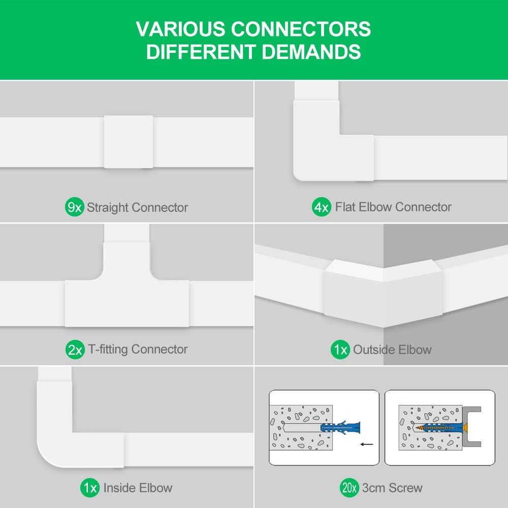 Cable Concealer Cord Cover - 10 White Cable Management Channels - on Wall Wire Hider to Organize Cables for Wall Mount TV, Computers, Home - 10 X L15In, W1.18In, H0.59In - Large