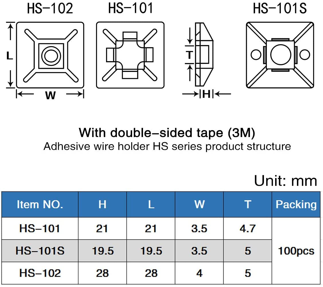 100 PCS 3/4" White Self Adhesive Cable Zip Tie Mounts Wire Cable Clips Holders Management Anchors Organizer Holders Squares(Hs-101S)