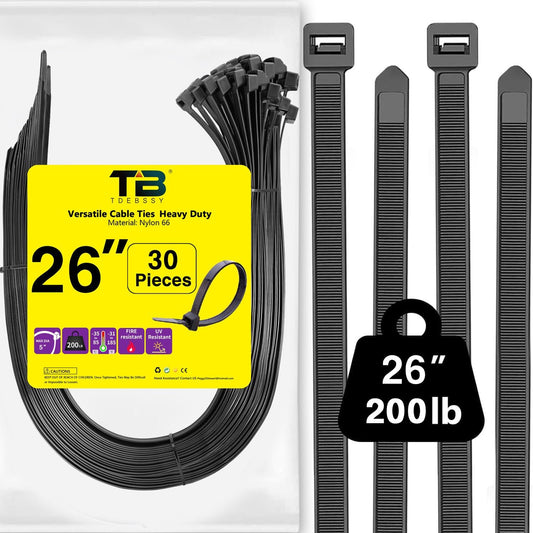 200 Lbs Large Zip Ties Heavy Duty Cable Ties Long 26 Inch Black Cable Ties Plastic Ties Wraps Heavy Duty Zip Ties Wire Ties Large Long Cable Zip Ties Black 30Pcs Big UV Resistant Zip Ties for Outdoor