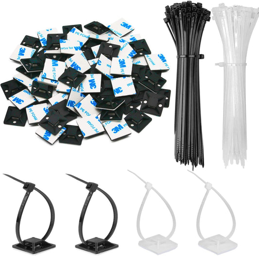 200 Pack 3/4" Zip Tie Adhesive Mounts Self Adhesive Cable Tie Base Holders with Multi-Purpose Tie Wire Clips with Screw Hole,Anchor Stick on Wire Holder with White and Black